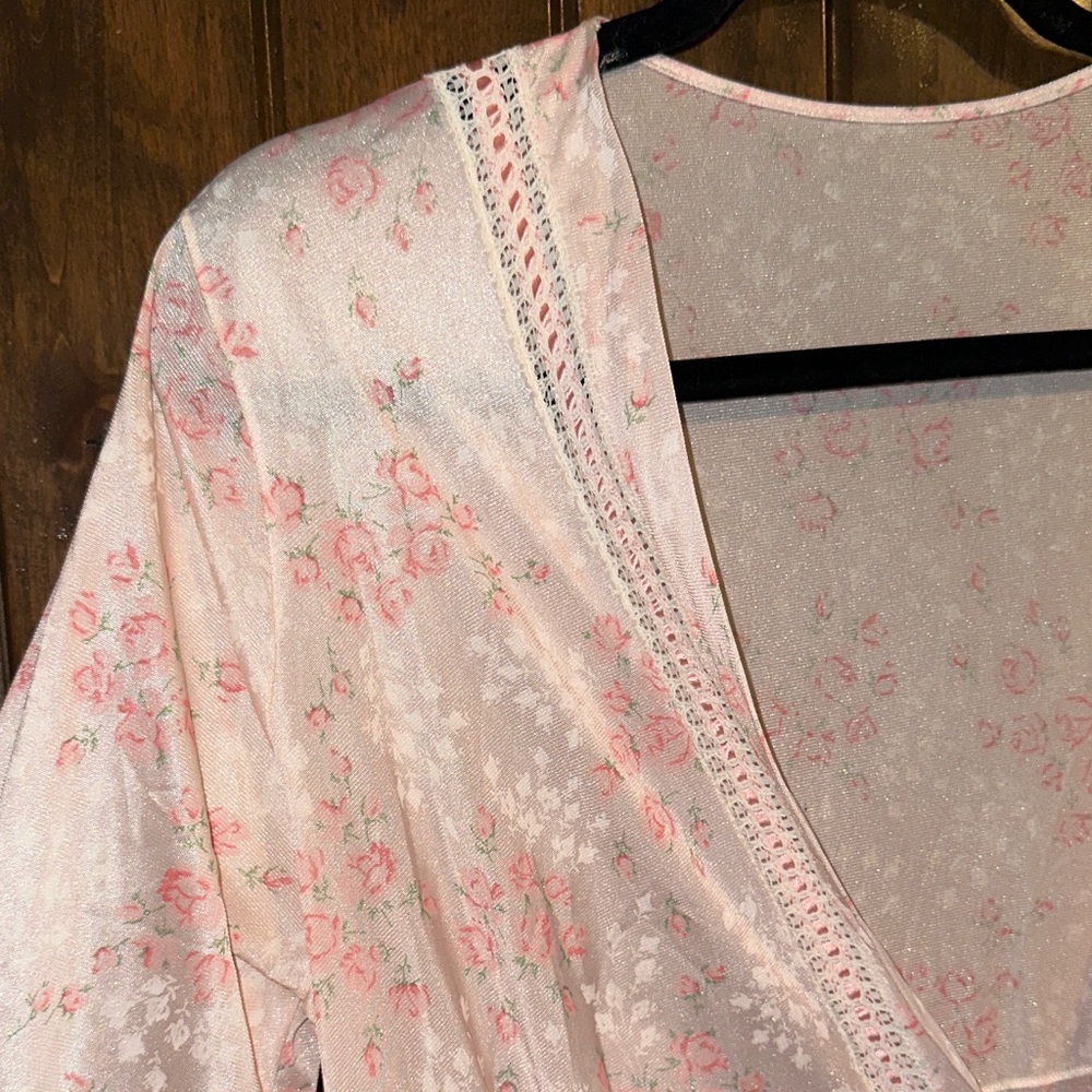 Komar Kids Pink Floral Satin Maxi Robe with Cream Accents - Picture 5 of 7